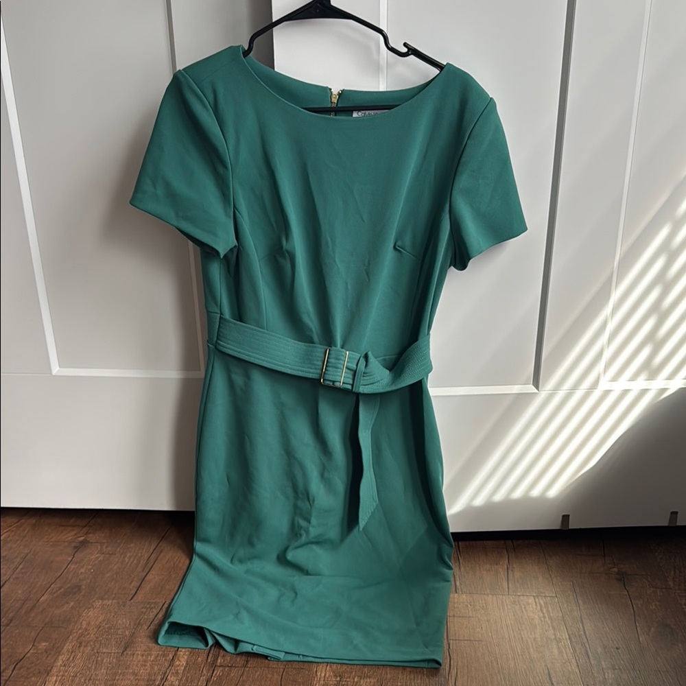 Calvin Klein Green Sheath Midi Dress Short Sleeve Bateau